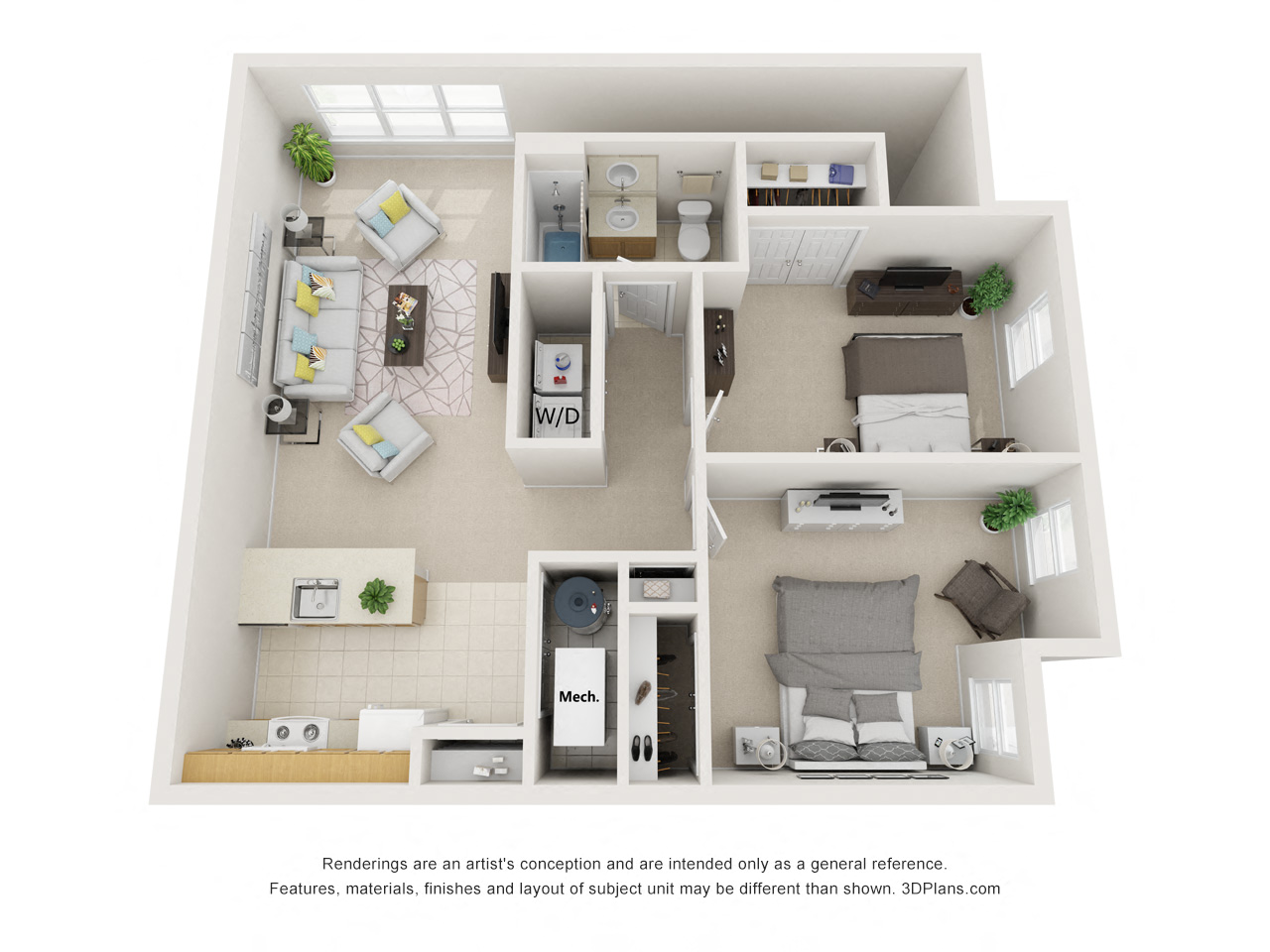 Floor plan for 2 beds, 1 bath, 1044 sqft